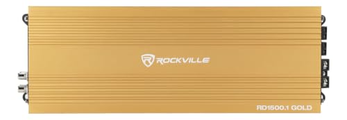 Image of Rockville Mono 1-Ohm Car Amplifier, Class-D, Metal Bass Remote w /Clip Indicator, Low Pass & Subsonic Filters, Compact & High-Efficiency, Ideal for Subwoofers (Gold, 1500w RMS)