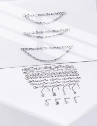 Nose Rings Chain Studs Piercings Jewelry 22/20/18G for Women Men Surgical Steel Double Chains Corkscrew l Shaped Bar Hypoallergenic3