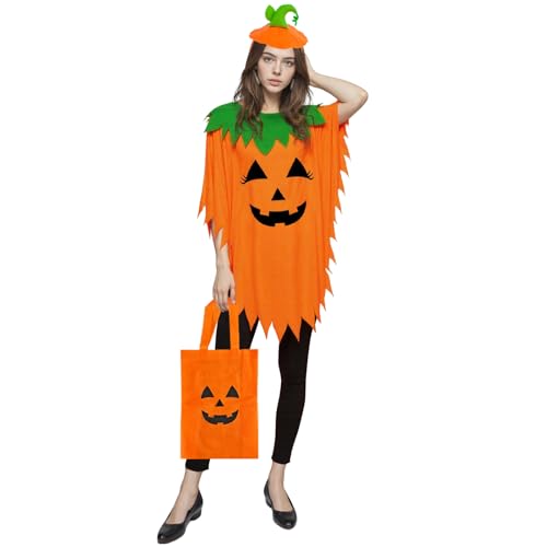 Nirvany 3PCS Halloween Pumpkin Costume for Women Adults, Pumpkin Poncho