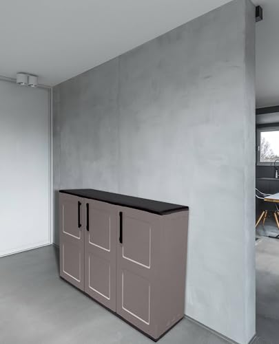 Dmora Armadio da Esterno Gesves, Mobile Balcone Multiuso, Armadietto Outdoor 3 Ante, 100% Made in Italy, 102x37h84 cm, Grigio e Nero, Finitura Quadri