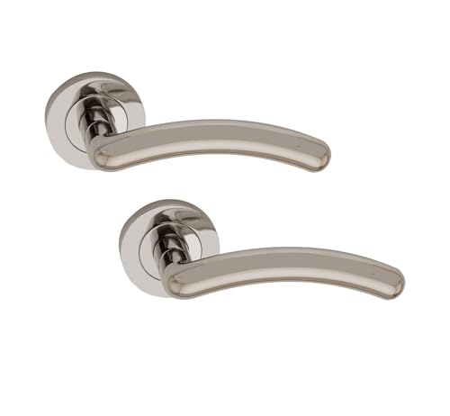 Infinity Decor Pair of Tang Curved Lever Door Handle on Round Rose Set in Satin Nickel Finish Interior Pull Handles – Ideal for Interior and Exterior use