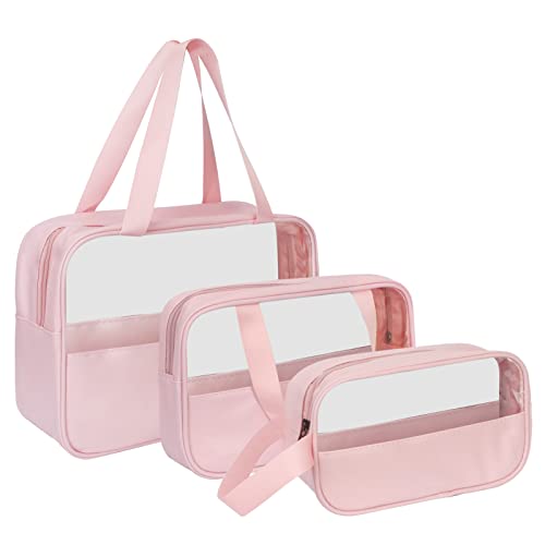 FYY Lot de 3 Trousses de Toilette pour Femmes et Hommes (L M S), imperméable, Grande capacité, Trousse de Maquillage translucide avec poignée supérieure pour Voyage, Sport, Yoga, Camping, Rose Cover