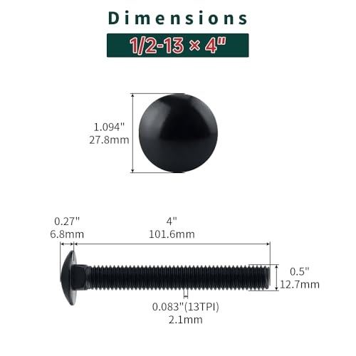 Image of 1 /2-13 x 4 Black Carriage Bolts with Nuts and Washers Kits (6 Sets), 304 Stainless Steel 18 /8, Black Finish, Round Head, Square Neck, Heavy Duty Bolts, Indoor Outdoor Fastening Bolts, Fayeploo