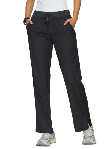 floralhue Womens Scrub Pants - Breathable & Soft Straight-Leg Pull-on Cargo Pant Drawstring Bottoms with 3 Pockets Black M