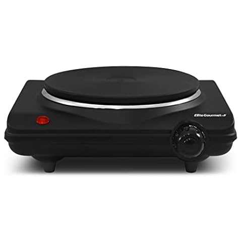 Elite Gourmet ESB-301BF# Countertop Single Cast Iron Burner, 1000 Watts Electric Hot Plate, Temperature Controls, Power Indicator Lights, Easy to Clean, Black Cover