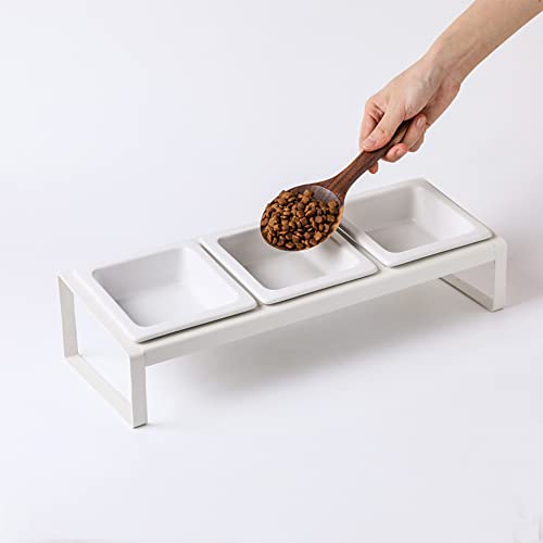 Qiran Raised Cat Food Bowl,Elevated Cat Bowls With Stand,Ceramic Pet Feeding Bowls For Food And Water,Protect Cat's Spine,Perfect For Cats And Dogs, 12 Ounces*2,Dishwasher Safe,Triple Bowls,White #TOP6