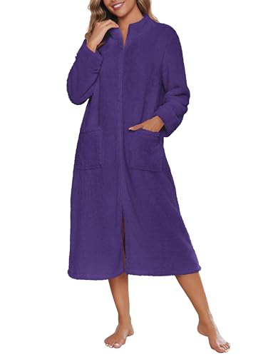 Image of Ekouaer Women Zipper Robe Fleece Long Sleeves Bathrobe Sleepwear Warm Soft Housecoat with Pockets Zip Up House Dresses