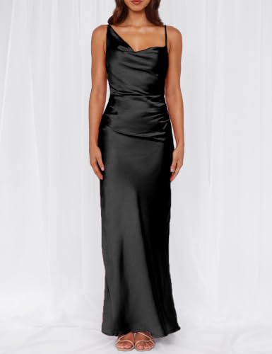 Image of Formal Satin Silk Spaghetti Strap Maxi Dresses for Women Wedding Guest