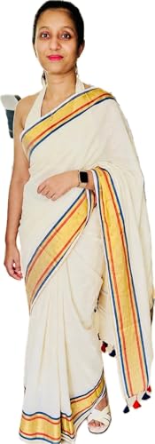 Image of Women's Mul Cotton Saree with Tassels | Soft Mulmul Saree | Woven Stripes & Zari Line | 5.5 Metres - Without Blouse