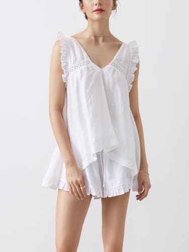 Image of Women's Summer Ruffle Short Sets Cotton Sleeveless Pajama Set | 2 Piece Outfits for Women, Lightweight Breathable Cotton, Relaxed Fit, for Bridesmaid, Party, Vacation and Daily Wear