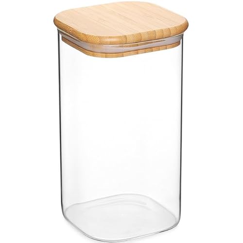 Jomafe Glass Storage Jar with Bamboo Lid – Airtight Transparent Food Container for Coffee, Tea, Sugar, Spices, Multi-Grain, Pasta, Snacks, Nuts, Flour, Rice & Dry Goods (1400ml)