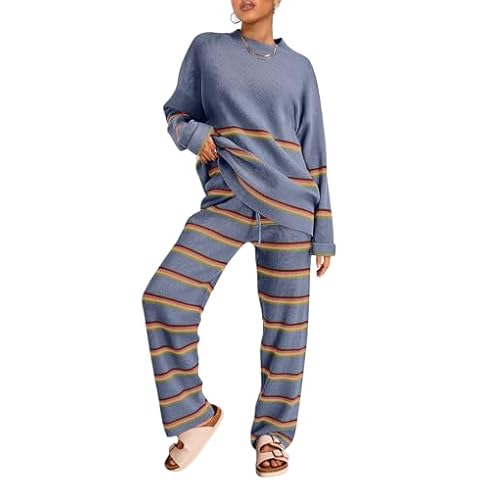 LILLUSORY 2 Piece Outfits for Women 2024 Fall Fashion Oversized Striped Sweaters Sets Cozy Lounge Sets Knit Clothes StripesDustyBlue M Cover