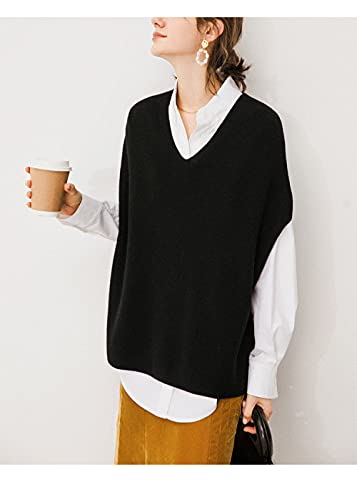 Maglione Gilet Lavorato A Maglia da Donna Moda Misto Lana Tinta Unita Scollo A V Autunno Inverno Pullover Senza Maniche Allentato Maglia Canotta Cami Camicetta, Nero