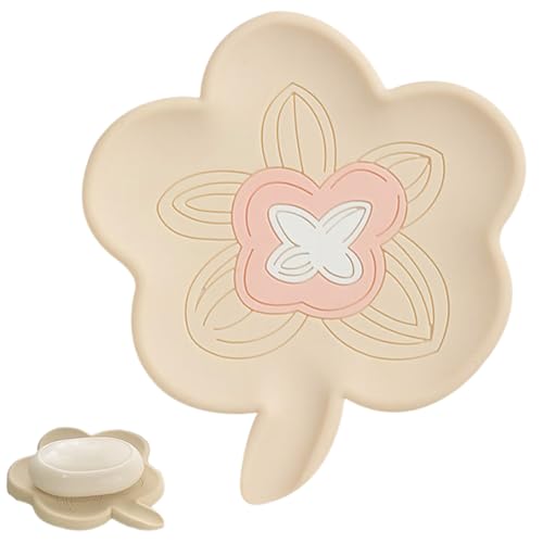 JEYORZY 1 Pezzi Portasapone in Silicone, Portasapone Bagno, Autosvuotante, Piattino con Scarico, Portasaponetta Solido per Bagno, Lavandino e Cucina, Fiori, Beige