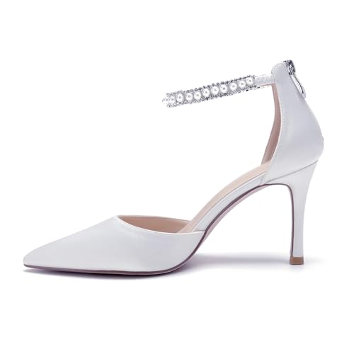 Image of Pointed Toe Pearl Wedding Shoes for Bride White High Heels Satin Bridal Shoes Zipper Back Evening Party Dance Dresses Shoes Pumps for Women