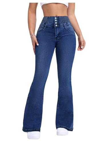 WDIRARA Women's Flared Jeans Smocked High Waisted Bell Bottom Skinny Denim Pants