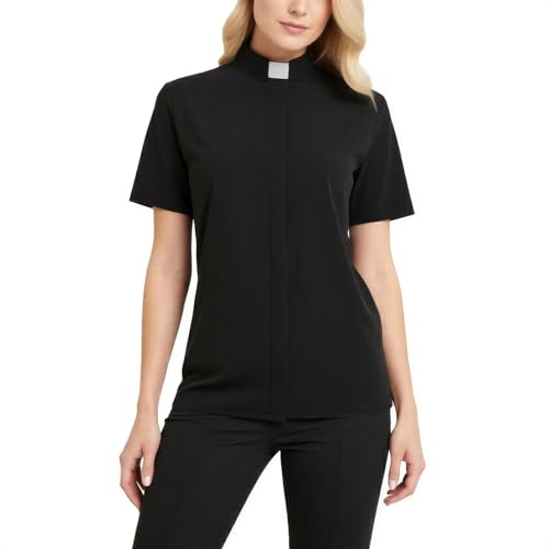 SANSHIWU Women's Short Sleeve Clergy Shirt Tab Collar Hidden Button Placket Pastor Minister Preacher Blouse Black 2XL