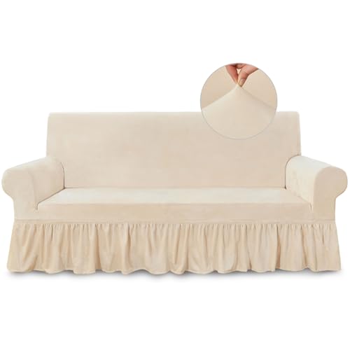 NICEEC Sofa Cover Super Soft 1-Piece Sofa Slipcover for Sofas Beige Stretch Universal Spandex Couch Covers for Living Room Easy Fit Washable Furniture Sofa Protector with Skirt