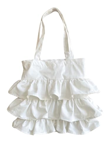 SHENHE Womens Ruffle Canvas Tote Bag Layered Tiered Shopping Vacation Travel Tote Shoulder Bag White One Size