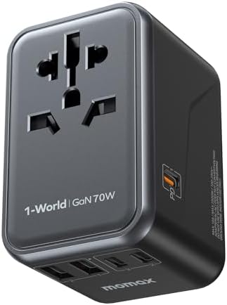 MOMAX Travel Adapter Worldwide, 70W GaN Reiseadapter Weltweit mit 3 USB C and 2 USB A,6-in-1 Worldwide Travel Adapter für EU UK USA Japan (TYP A/G/C/I)