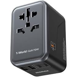 MOMAX 70W GaN Universal Travel Adapter, All-in-One Travel Charging | UK/EU/US/AU/JP Compatible Travel Essential, 3 USB-C PD Ports & 2 USB-A Ports for Laptop, Phone & More