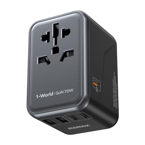 MOMAX Universal Travel Adapter 70W GaN, 3 USB-C PD & 2 USB-A QC, International Power Adapter Outlet, 6-in-1 Wall Charger for Laptop, Phone, European Travel Plug Adapter for UK/US/AUS/JP