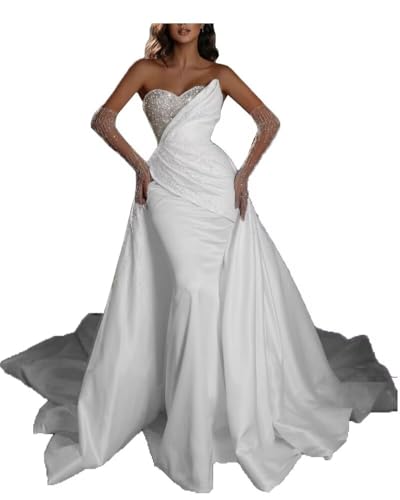 Mermaid Long Satin Wedding Dresses for Women 2026 A-Line Split Beaded Sequins Sweetheart Bridal Dresses White 14 DR0108-05
