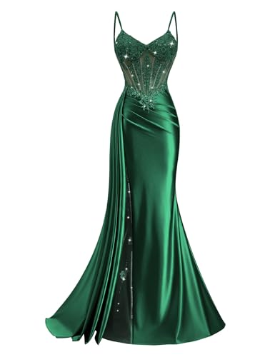XYNGZOR Emerald Green Prom Dresses for Women Mermaid Beaded Formal Dresses
