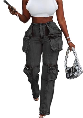 Baggy Jeans Women High Stretch Zipper Slit Striaght Leg Cargo Pants