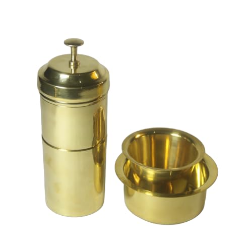 Image of Pure Brass South Indian Coffee Filter with 1 Dabara Set | Handcrafted Madras Drip Decoction Maker | Traditional Copper Finish Coffee Brewer for Home & Office