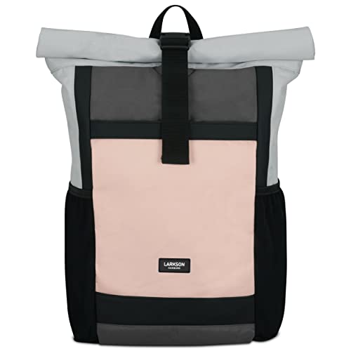 LARK STREET Mochila Enrollable Hombre & Mujer Gris Rosa - No 2 - Mochilas Grande para Escolares, Universidad, Viaje - Bolsa Casual y Bolsillo de Portátil - Impermeable Cover