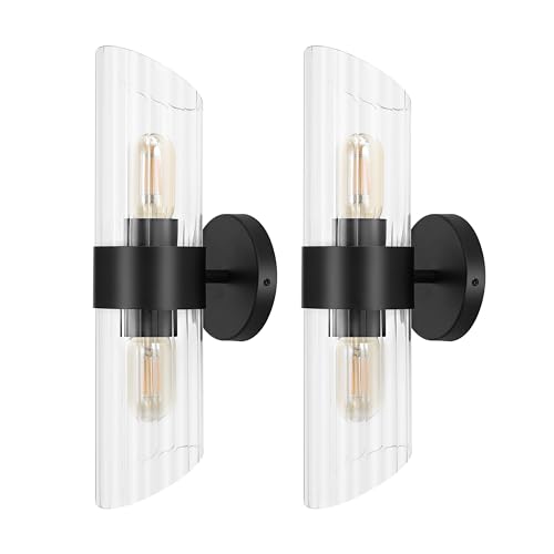 Image of SAFAVIEH Lighting Collection Eytan Clear Glass /Black Vertical Wall Sconce Set of 2 Light Fixture, Ideal for Bathroom, Entryway, Vanity, Foyer, Hallway, Living Room (LED Bulbs Included)
