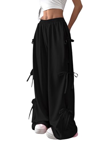 Verdusa Women's Baggy Sweatpants Elastic Waist Casual Bow Wide Leg Pants with Pocket Y2K Going Out Travel Pants