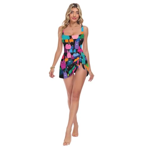 Maillot de bain une pièce motif chat coloré pour la plage