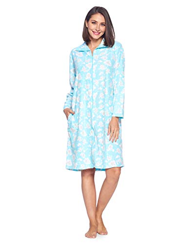 Casual Nights Women's Printed Micro Fleece Zip Up Long Sleeve Sleepwear Duster Robe, Teal Blue Floral, Xxl #TOP2