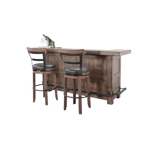 Pemberly Row 80" Traditional Wood Home Bar Set, Felt-Lined Drawers, Pull-Out Cutting Board, Metal Foot Rail, 2 Matching Stools, Stemware Rack, Organized Storage, Game Room or Entertaining Space