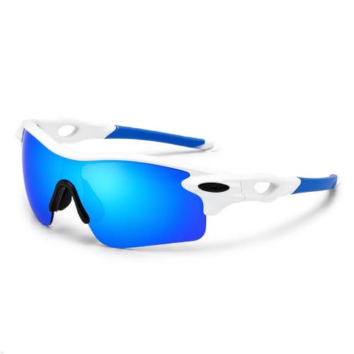 Image of Cycling Goggles for Men & Women | Sports Goggles UV400 Protection | Oversized Sports Sunglasses for Cricket, Running, Driving, Fishing, Hiking & Outdoor Activities (White : Blue stick)