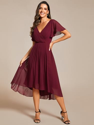 Ever-Pretty Women's Summer Chiffon Pleated V-Neck Short Wedding Guest Dress with Ruffled Sleeves 019234