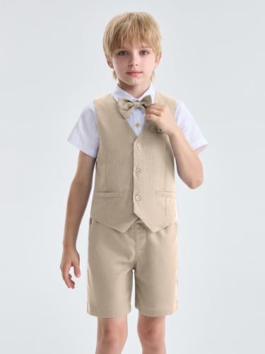 Image of LOLANTA Boys Linen Suit 4 Piece Summer Gentleman Outfit Kids Shorts Set