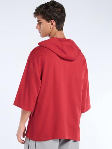 Image of Bewakoof Men's Solid Oversized Fit Half Sleeve Hooded Cotton T-Shirt
