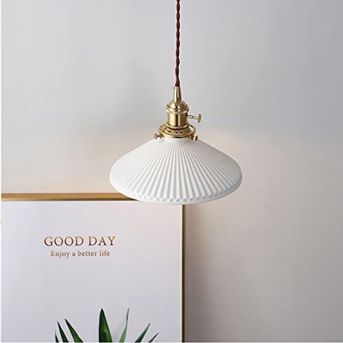 Qufute Vintage Pendant Light Fixtures Ceramics Ceiling Pendant Lights With White Scalloped Shade Brass Minimalist Style Barn Chandelier Pendant Lamp For Kitchen Sink Dining Room Bedroom #TOP3