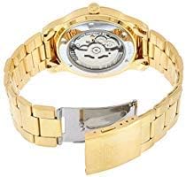 پیچھے view of the SEIKO 5 Automatic Watch SNKP20K1S, showing the transparent case back revealing the automatic movement and the open tri-fold push-type clasp on the gold-tone stainless steel bracelet.