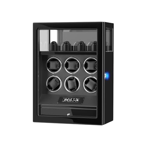 DUKWIN Watch Winder, Automatic Watch Winder for 6 Watches with 4 Watches Stand Holder Display and Jewelry Storage Drawer, Built-in White Illumination, Quiet Mabuchi Motors Black Cover