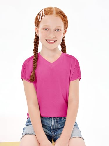 Image of Haloumoning Girls V Neck T-Shirts Kids Summer Swiss Dot Short Sleeve Tops Cute Fashion Tees 5-14 Years