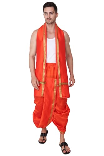 Image of Rameshwaram Fabrics Readymade Dhoti for Men, Velcro Style Stitched Mens Silk Dhoti Pant with Stole Set