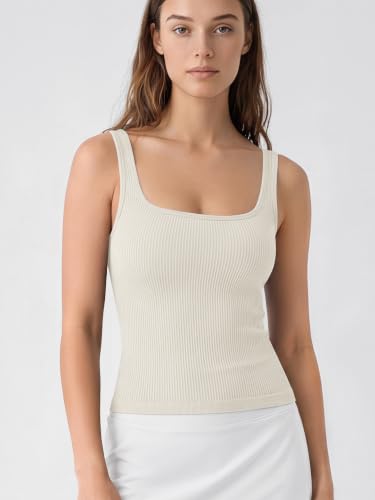 Image of ODODOS 3-Pack Seamless Square Neck Crop Tank for Women Ribbed Knit Soft Low Back Cropped Tops