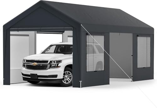 COSTWAY Garaje Exterior para Coche 5,95 X 3 m, 8 Paredes Laterales Desmontables, Puertas Enrollables, Ventanas Ventiladas, Carpa para Garaje para SUV Camión