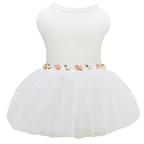 Image of CuteBone White Tulle Skirt Dog Wedding Bridesmaid Dress for Puppy with Lace Trim at Waist - Comfortable, Stylish, and Perfect for Special Occasions HBQ05XS