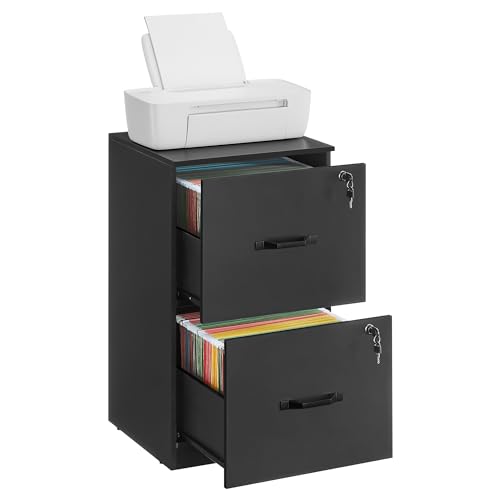 VASAGLE 2 Drawers File Cabinet with Lock, Printer Stand, Office Filing Cabinet Organizer, for A4 and Letter Size Documents, Ink Black UOFC061B16 Ink Black 2 Drawers