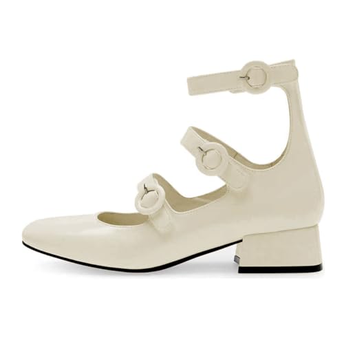 miss left Women Casual Stylish Low Chunky Heels Closed Round Toe Mary Jane Leather Pumps Treble Straps Dressy Work Shoes with Buckle Size 4-16 US2